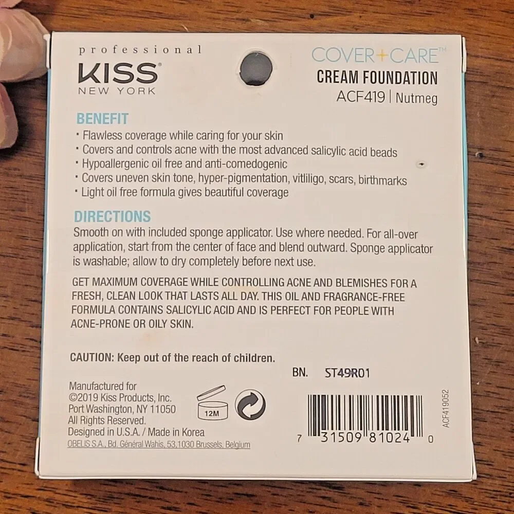 Kiss New York Cover + Care Cream Foundation ACF419 NUTMEG Acne Salicylic Acid